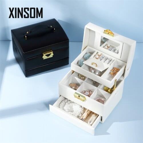 XINSOM Velvet Jewelry Box High Capacity PU Leather Three Layers Necklace Earrings Rings Bracelets Jewelry Box Travel Case Casket