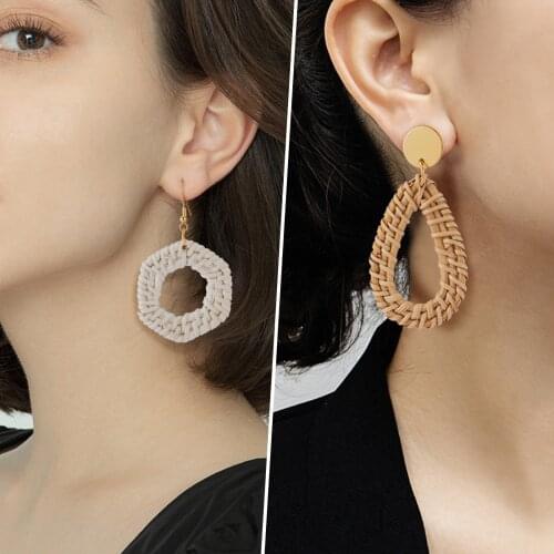 X&P Creative New Korea Handmade Woven Rattan Braid Geometric Circle Personalized Drop Earrings For Women Popular Retro Earrings