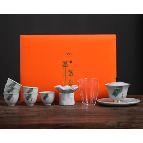 Manual Banana Leaves Ceramic Tea Set Kung Fu Tea Sancai Tureen 6 Cup Japanese Tea Set Tea Ceremony Set Gaiwan Porcelain Tea Set