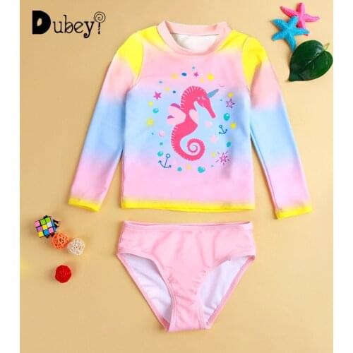 Long Sleeve Swimsuit for Girls Hippocampus Gradient Swimsuit Baby Girl Swim Wear Bikinis Girls Two Piece Swim Girl Bathing Suit