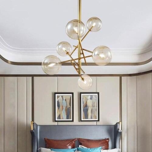 Modern Advanced Brass Gold Led Chandelier Amber Glass Globe G9 Chandelier Lighting Bedroom 6 / 8 Light Chandelier Light Lamparas