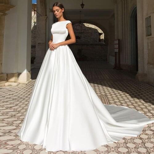 Robe De Mariage O-neck Sleeveless Sexy Backless Simple Satin Wedding Dresses Abito Da Sposa White Bridal Gowns