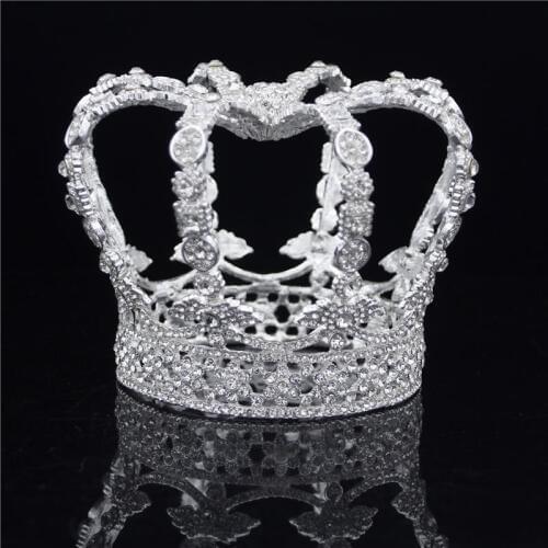 Round Royal Queen King Crown Rhinestone Crystal Tiaras Head Jewelry Prom Cross Diadem Male Bridal Wedding Hair Ornament