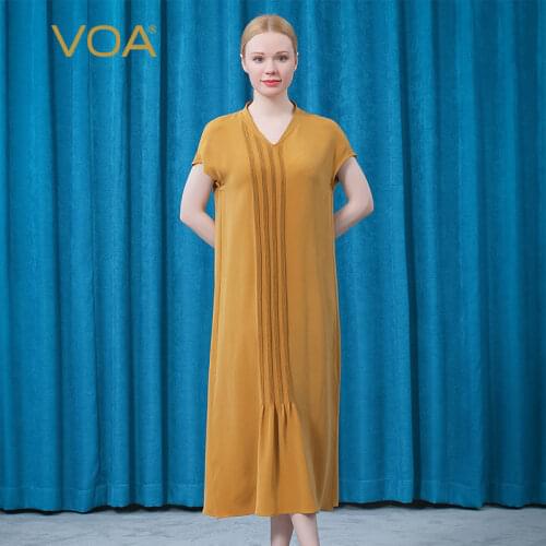 VOA Silk Prom Dress AE902 Double-layer V-neck Shoulder Short Sleeve Three-dimensional Pleated Loose Temperament Summer Dresses