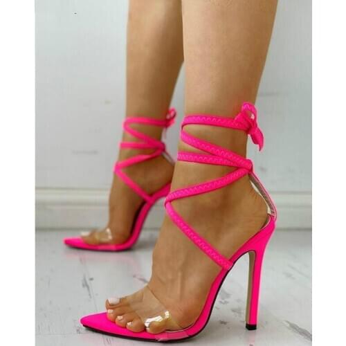 Size 35~43 2020 Sexy Sandals Women Lace-Up Thin High Heel Cover Heel Round Toe Wedding Daily Party Shoes Women Sandalia Feminina