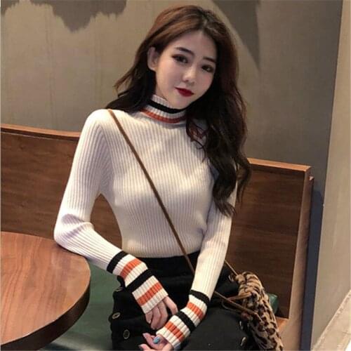 Woman Sweaters Pullover Winter Long Sleeve Autumn Winter Contrast Color Striped Innerwear Turtleneck Slim Top Femme Chandails