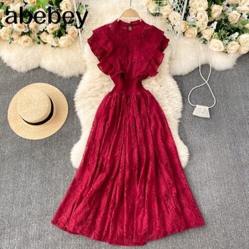 2021 Women Lace Patchwork Dress Summer Solid O Neck Ruffle A Line Dresses Korean Slim Waist Elastic Dress