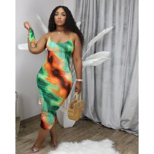 2021 Summer Women Tie Dye Maxi Dresses Strap Sleeveless Party Club Fashion Slim Backelss Bodycon Dress Plus Size