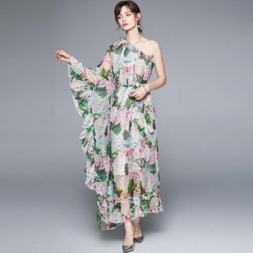 2021 Summer Bohemia Holiday Ruffles Women One Shoulder Lotus Leaf Charming Flower Printed Loose Lace-Up Chiffon Maxi Dress