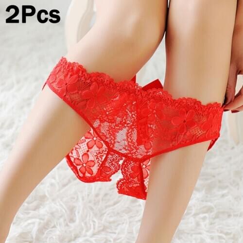 2Pcs Panties Women Red Sexy Lingerie Hot Erotic Open Crotch G-String Back Bowknot Decoration Lace Underwear Crotchless Tangas
