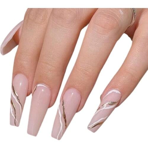 24Pcs White Golden Line Fake Nails Glue Type Removable Long Paragraph Fashion Artificial Manicure Fully Covered Nail Decoration