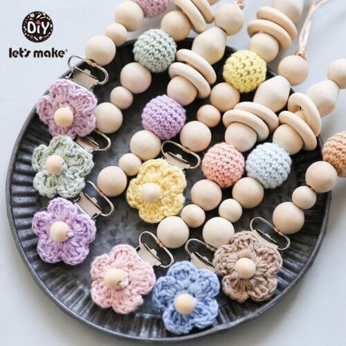 Lets Make 7pc/set Pacifier Clips Baby Crochet Pacifier Holder Chilrens Toy Pacifier Chain Baby Teether Wooden RIngs For Infant