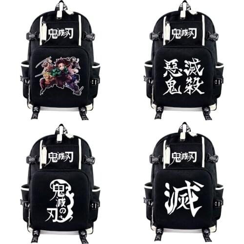 Demon Slayer Kimetsu No Yaiba Canvas Backpack Teenager Packsack Zip Shoulders Travel Laptop Bag Black Schoolbag Cartoon Bookbag