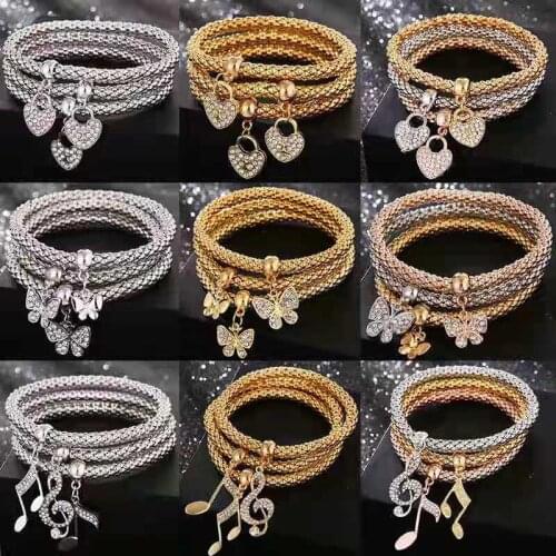 New Three-Piece Suit Alloy Three-Color Chain Diamond Butterfly Pendant Bracelet Women 2021 Trendy Womens Jewelry Free Shipping