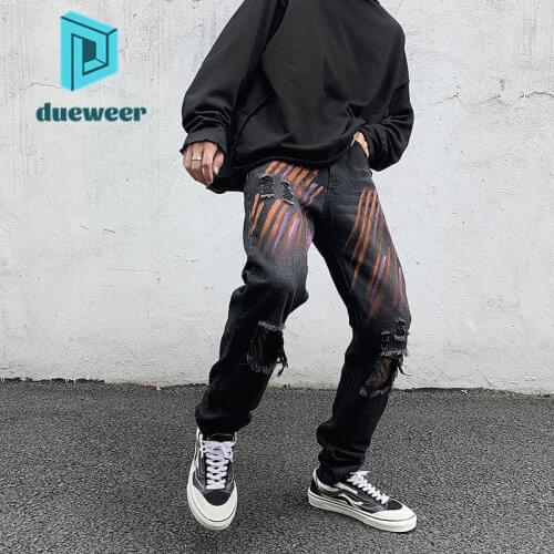 DUEWEER Mens Straight Jeans Casual Distressed Ankle Tie Denim Pants Ripped Hole Scratch Graffiti Jeans Men Black Trousers