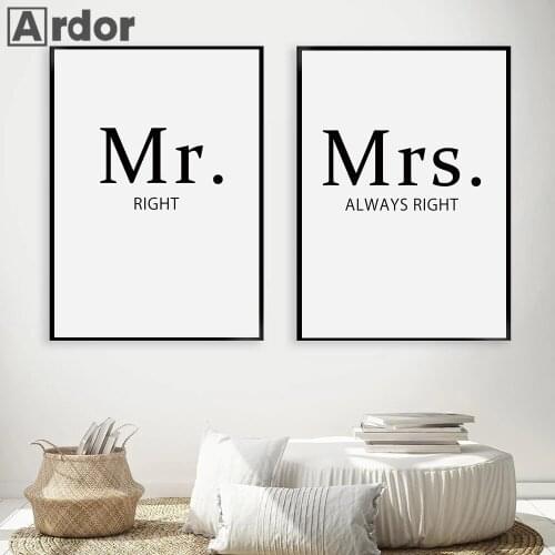 Mr Right Mrs Always Right Quotes Wall Art Canvas Painting Black And White Prints Nordic Poster Pictures Living Room Home Decor