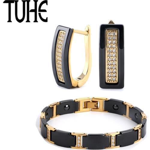 New Luxury Women Jewelry Set Gold Color Rhinestone U Shaped Earrings And Black Ceramic With Crystal Bracelet For Lady Noble Sets