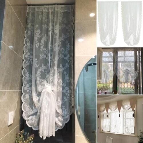 Lace Embroidered Tulle Curtain for Bedroom Living Room Roman Tie-up Balloon Blinds Sheer Short Window Kitchen Curtain Home Decor