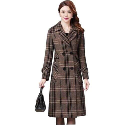 Fashion Long Plaid Woolen Coat 2020 Autumn Winter Women Double Breasted Tops Slim Belt Plus Size Thicken Casual Outwear KW286