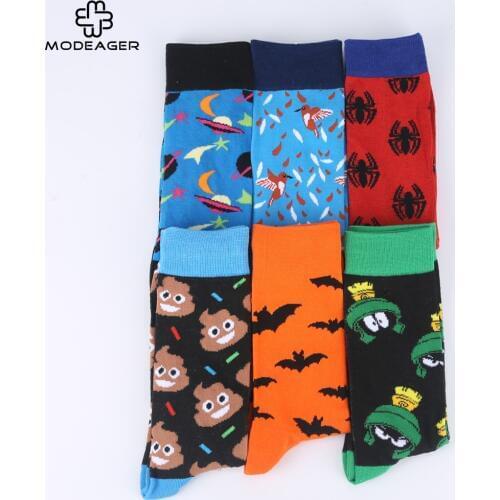 Modeager Brand harajuku Novelty Spider Bat Shark Bird Men Funny Socks 80% Combed Cotton Casual Cartoon Knee High Men Long Socks