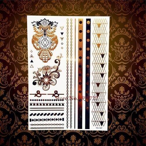 New Fashion Owl Compass Design Gold Flash Waterproof Tattoo Stickers - Fake Metallic Tattoo Henna Body Arm tatouage taty Tattoos
