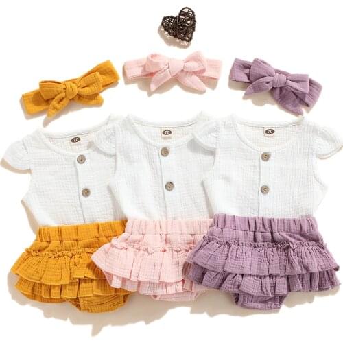 Newborn Infant Baby Girl Clothes Solid Sleeveless Top + Linen Skirts + Headband Cute Summer Outfits 3Pcs 0-24M