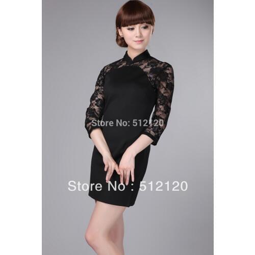 Shanghai Story Slim split 3/4 Sleeve Chinese dress National Trend traditional dress Lace dress Qipao Black Cheongsam