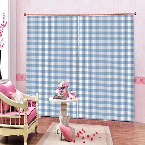 Custom White Blue Plaid Window Curtains Living Room Bedroom Kids Curtain 2 Panels With Grommets Top Indoor Curtains
