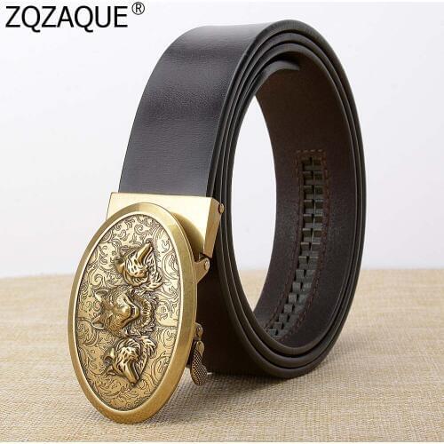 Luxury Auto Buckle Belts Wolves Head Pattern Brozen Silver Color Automatic Buckle Belt For Boy Mens Ture Leather Straps SY1706