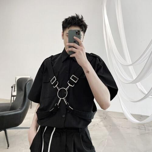 Summer iron ring ribbons design men hip hop punk shirt short sleeve oversized blouse man vintage casual shirts