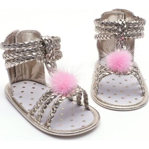 Sandals Girls Newborn Baby Shoes Fashion Woven PU Hair Ball Baby Girl Sandals Summer Golden Beach Baby Sandals
