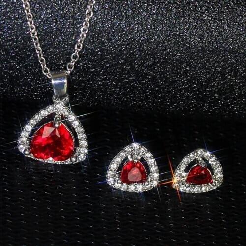 Vintage Female Red Crystal Jewelry Set Charm Silver Color Stud Earrings For Women Trendy Geometry Zircon Wedding Chain Necklace