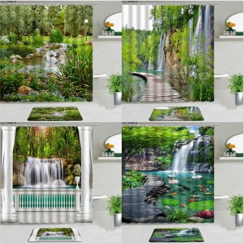 2pcs Natural Scenery Shower Curtains Non-slip Carpet Rug Waterfall Landscape Tropical Flower Plant Bathroom Decor Set Bath Mat