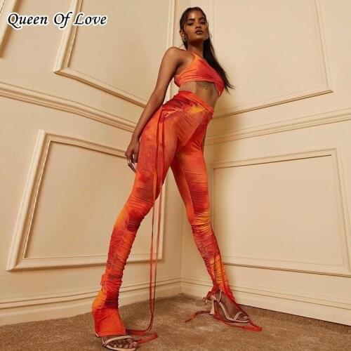 Tie Dye Irregular Bandage High Waist Pant Outfits 2021 Summer Sexy 2 Piece Women Crop Top And Flare Split Pants Matching Set