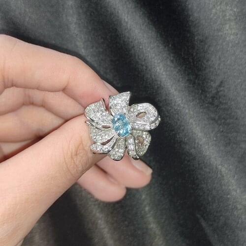 QTT Gorgeous Flower Design Ring For Women Fashion Blue Cubic Zirconia Finger Ring Wedding Accessories Jewelry Gift 5*7