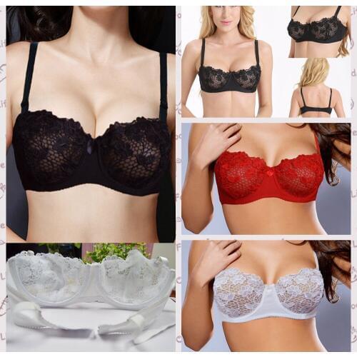 Women Big Red Floral Mesh Lace Bralette Lingerie Underwire Brassiere 32 34 36 38 40 42 44 A B C D See-Though Lace Underwear DN