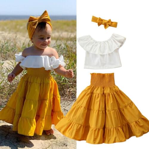 2020 Summer Baby Girls Clothes Sets Kids Off Shoulder White Crop Tops + Yellow High Waisted Dress Headband 3pcs Outfits for 2-7Y