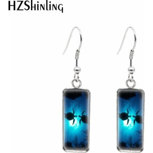 2021 New Sea Turtle Under Water Rectangular Earring Art Painting Fish Hook Earring Glass Cabochon Handmade Jewelry