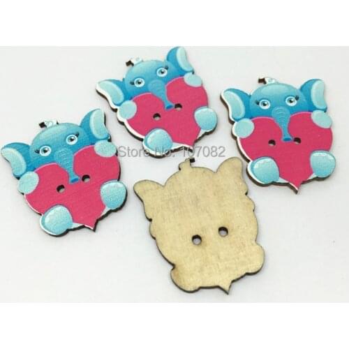 50pcs Wood Sewing Buttons Scrapbooking Elephant Blue Two Holes Heart Pattern 3.2cm x 2.6cm Embellishments