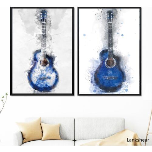 Abstract Watercolor Blue Guitar Wall Art Canvas Painting Nordic Posters And Prints Wall Pictures For Living Room Bedroom Decor
