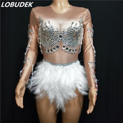 White Feathers Shining Rhinestones Elastic Bodysuit Sexy Nightclub Female Dancer DJ DS Stage Wear Bar Party Show Leotard Costume
