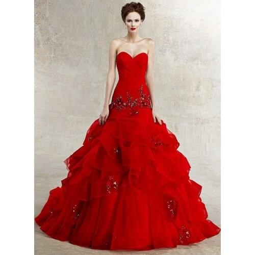 Free shipping плаття real mermaid tails Crystal Bead Applique Organza Ruffles Red Bridal Custom Made Bespoke Wedding Dresses