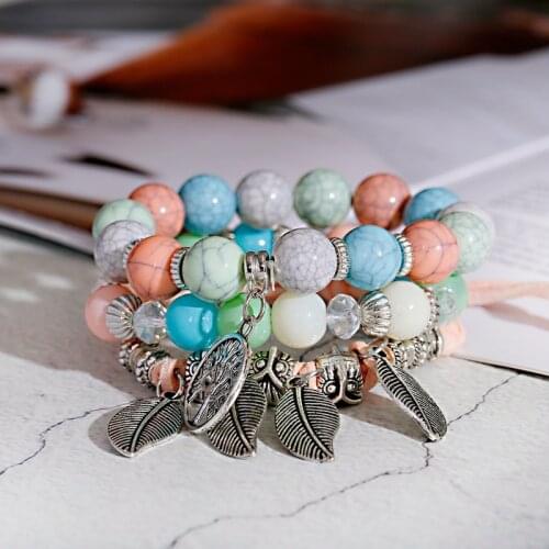 Boho Charm Stone Beaded Bracelet Set Womens Ethnic Tree Leaf Tassel Pendant Bracelets&Bangles Vintage Jewelry Femme