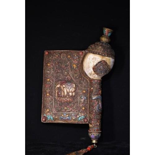 Home Decor 19"Tibet Buddhism Temple Old Natural conch Tracing Gem Elephant statue snail Dharma Prayer flags Horn