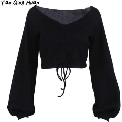 European And American Spring And Autumn New Womens Solid Color Tops Fashion Lantern Sleeve Sexy V-neck Chest Strap T-shirt