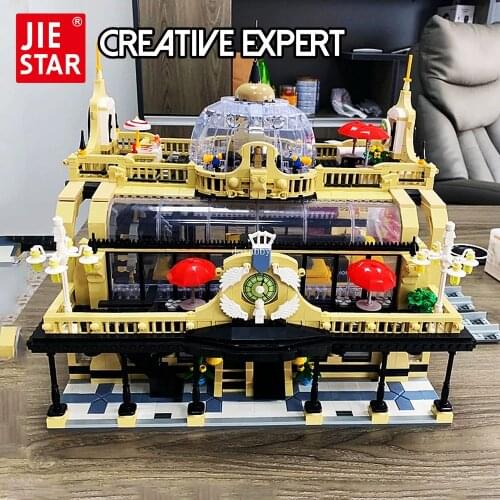 JIESTAR Creative Expert Ideas Street View Europe Train Station Moc Bricks Modular Studgate Model Building Blocks Steam Train