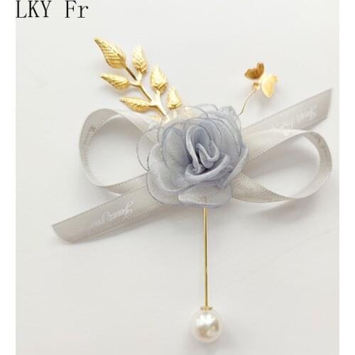 LKY Fr Boutonniere Wedding Wrist Corsage Bracelet Bridesmaid Silk Rose Dusty Blue Pink Marriage Accessories Brooch Flowers Decor