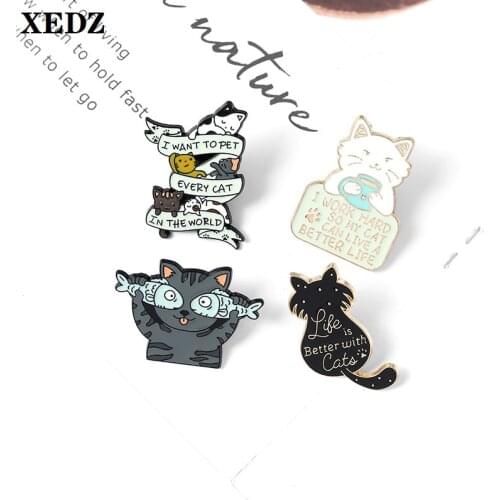 XEDZ Pet Cat Metal Brooches Life is Better With Cat Eating Fish Drinking Coffee Cat Litter cute Black Cat Badge Punk Lapel Pins