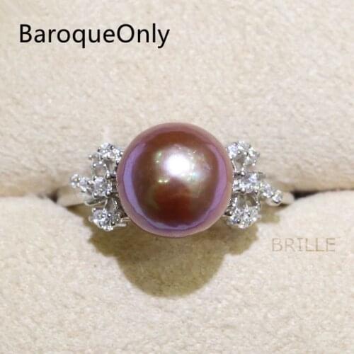BaroqueOnly Fashion Jewelry Natural Color Freshwater Pearl 9-10mm Edison Pearl Ring Zircon Inlaid 925 Rings Half-baroque RM