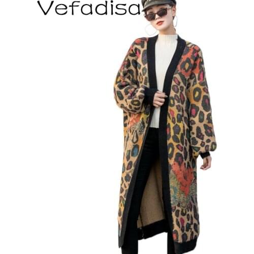 Vefadisa Fashion Leopard Print Women Sweater 2021 Autumn Winter Vintage Female Cardigans Knitted V-Neck Open Stitch Coat QYF6218